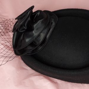Black Solid Fedora Vintage hat Rose Satin Flower
